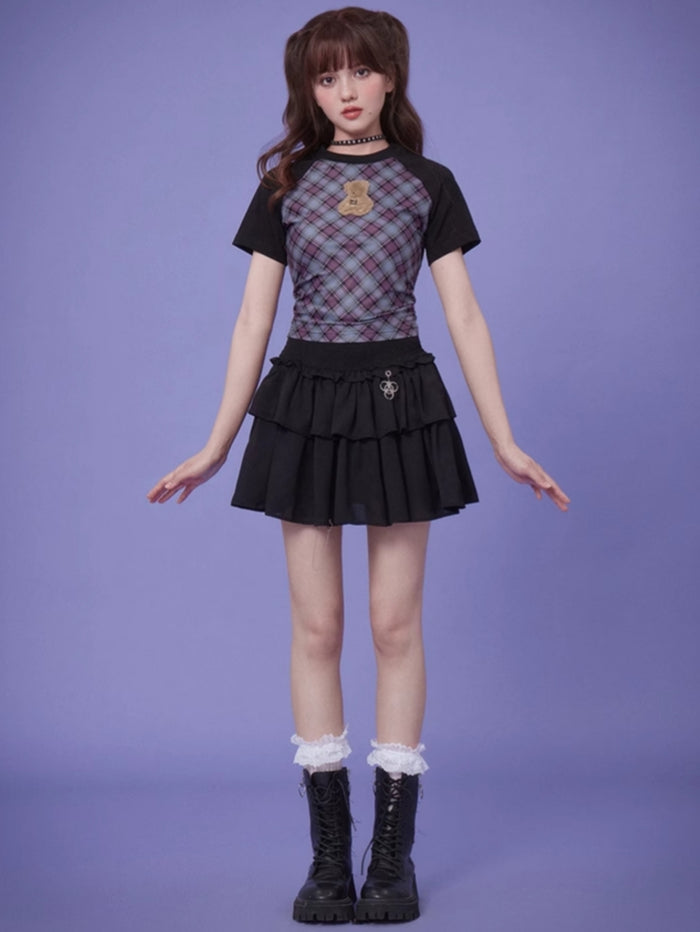 Blue and Purple Plaid Fuzzy Bear Short-Sleeve Summer T-Shirt