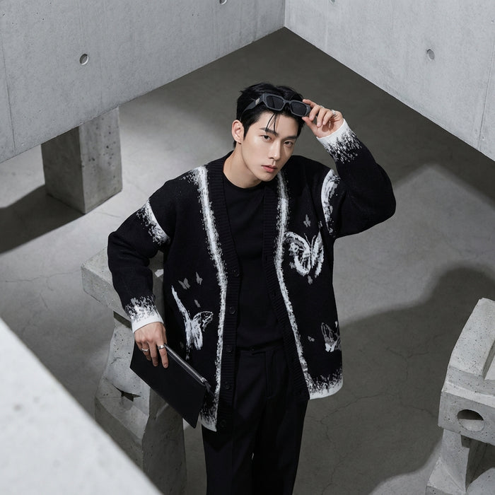 Cardigan tricoté papillon motif jacquard homme - Koreanxwear