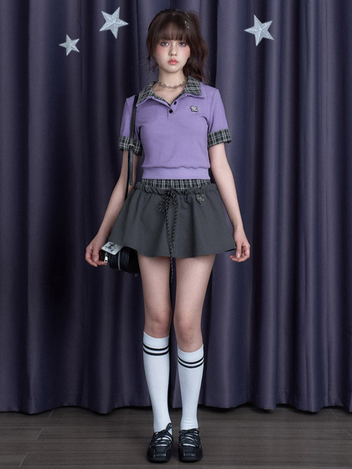 Faux Two-Piece Plaid Spliced Short-Sleeve T-Shirt