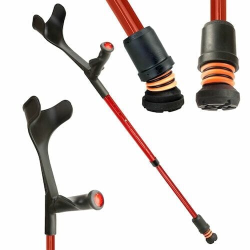 Flexyfoot Comfort Grip Open Cuff Crutch: single elbow crutch on a plain background with an ergonomic handle, adjustable height and open cuff.