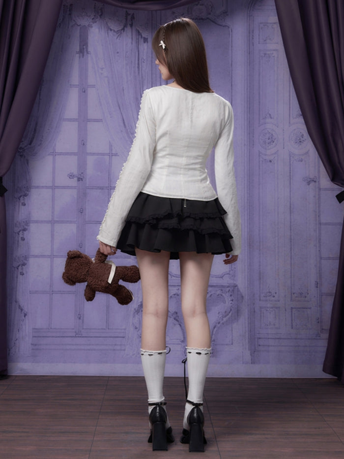 French sweet tie-front white square-neck blouse
