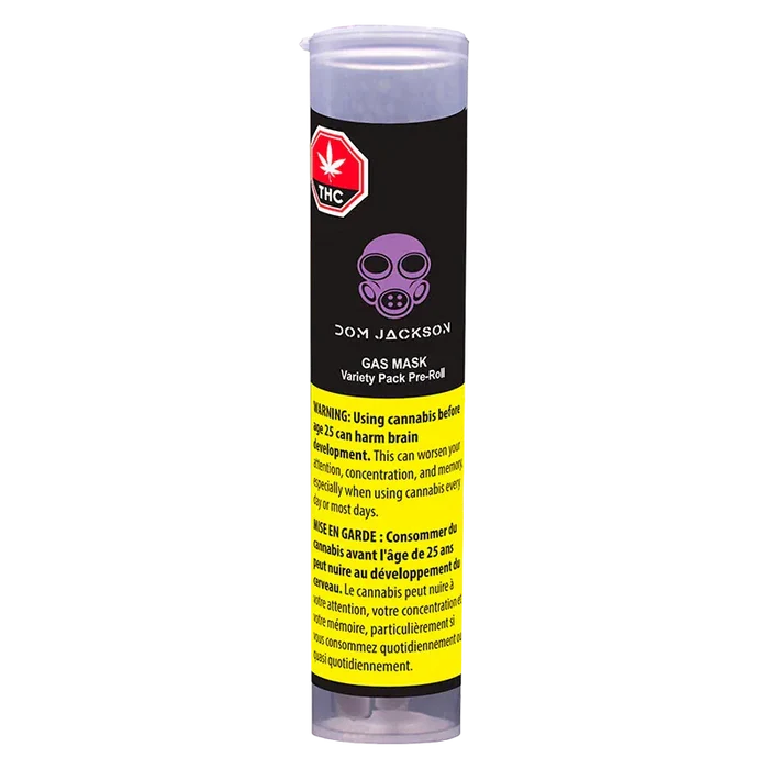 Vertical front shot of the Gas Mask Variety Pack PR 12 x 0.5 g tube, showing a purple gas-mask logo on black label and a bright yellow warning panel.