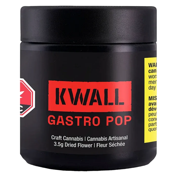 Front-facing shot of a black jar labeled "KWALL GASTRO POP" in bold red lettering against a white background.