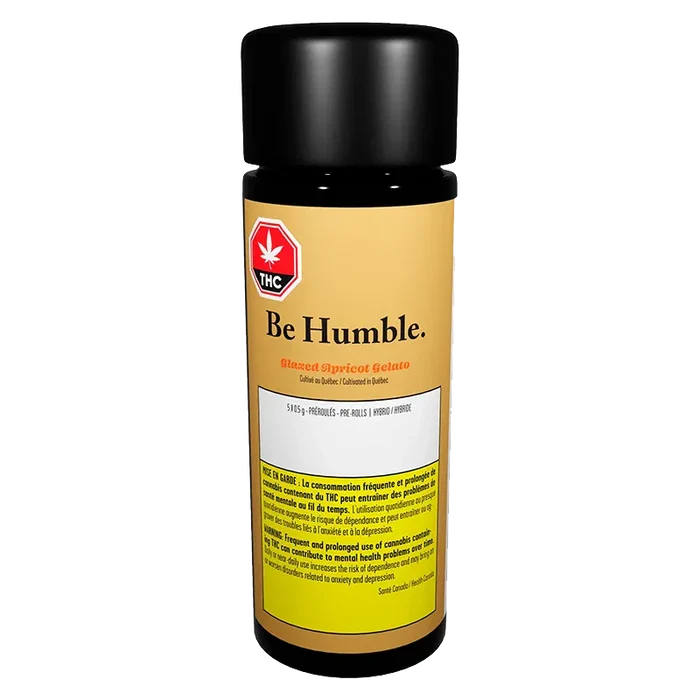 Front view of the Glazed Apricot Gelato PR 5 x 0.5 g bottle with a black cap and yellow Be Humble. label centered against a white background