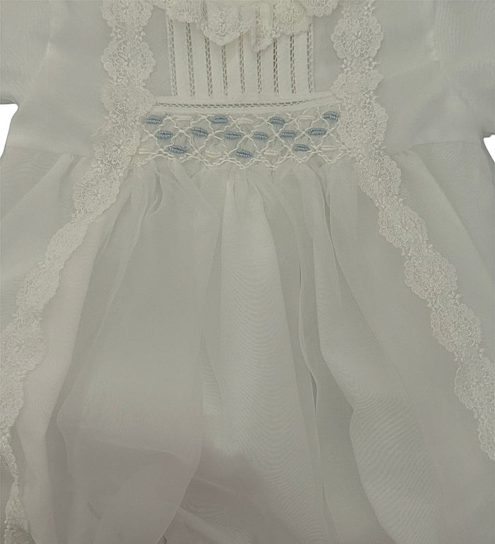 Isadoro Luxe Off white-blue Romper with Bonnet