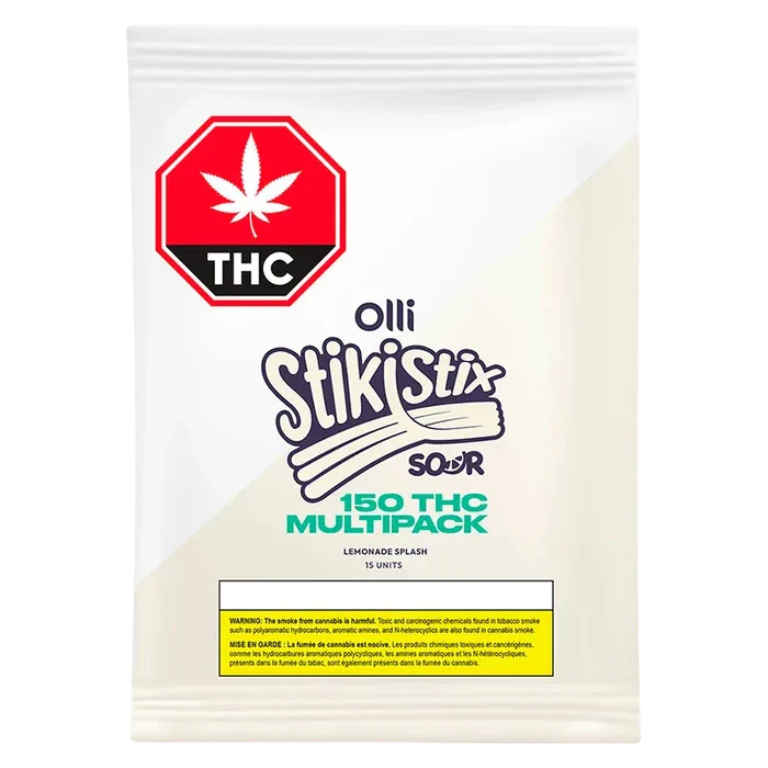 Front-facing image of the Lemonade Splash Gummies pouch showing the Olli StikStix Sour 150 THC Multipack logo and a red THC warning octagon on white background