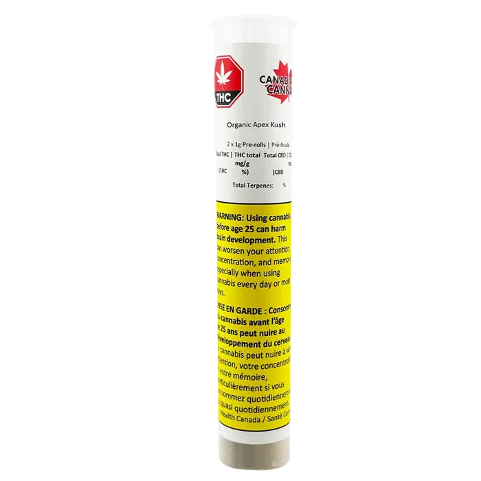 Tall front view of the Organic Apex Kush PR 2 x 1 g white tube with a red THC logo and yellow warning label.