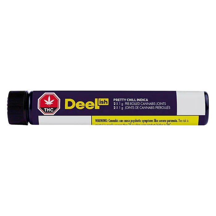 Horizontal product shot of the Pretty Chill PR 2 x 1 g clear tube with a purple Deelish label and black screw cap.