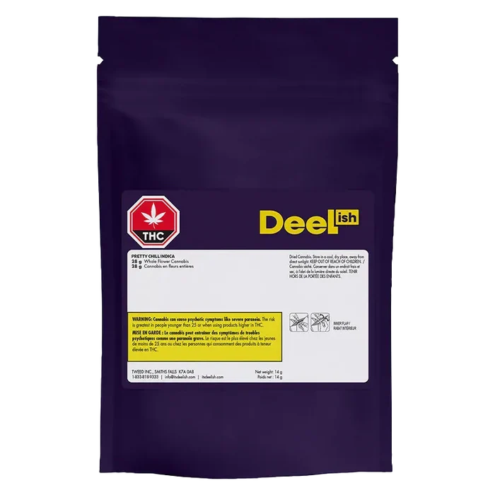 Front-facing shot of the deep purple resealable pouch labeled "Pretty Chill" with the Deelish brand name and THC warning icons on a white product label.