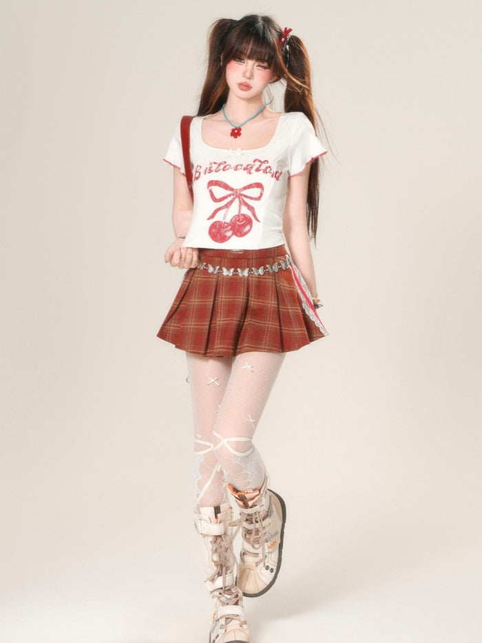 Spicy Girl Cherry Print White Crop Top