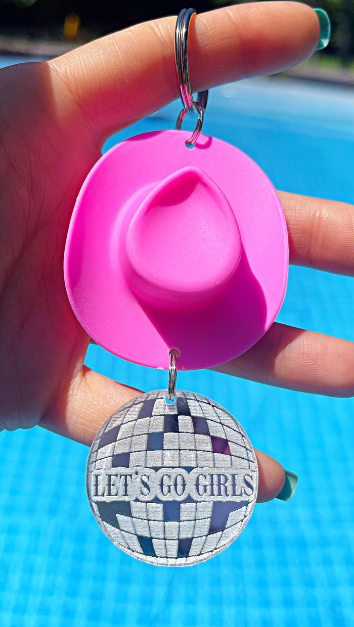 Wholesale | Pink Cowboy Hat Let's Go Girls Disco Keychain