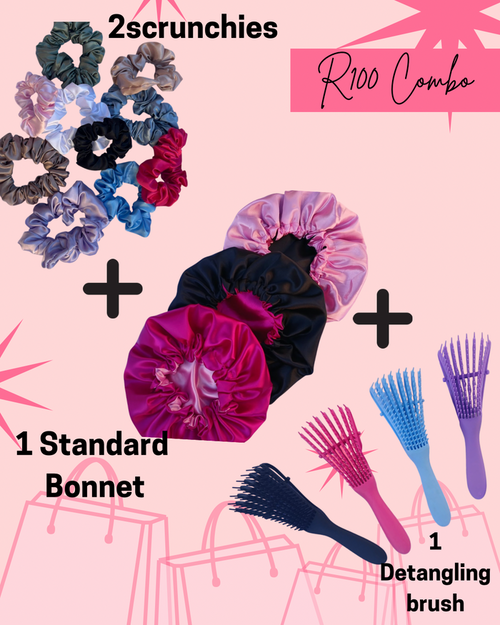 2 scrunchies + 1 standard bonnet +1 detangling brush