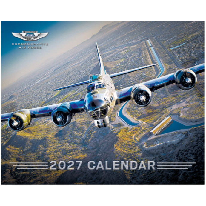 A 2027 calendar cover featuring a vintage military bomber airplane flying over an aerial landscape. The top left shows the Commendative Air Force logo, and the bottom reads '2027 CALENDAR'.