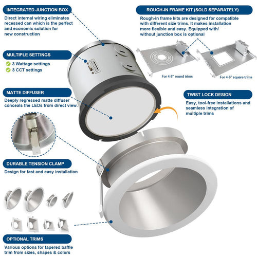 Diagram of Konlite ceiling recessed light fixture with product details