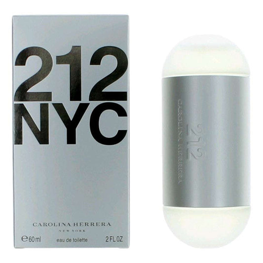 212 by Carolina Herrera EDT perfume set with a silver 212 NYC box and matching cylindrical bottle with white caps