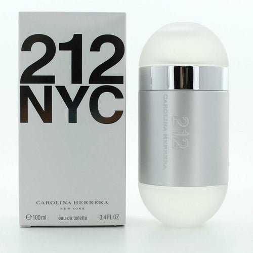 212 by Carolina Herrera women's EDT fragrance in a silver cylindrical bottle with white domed ends and matching box