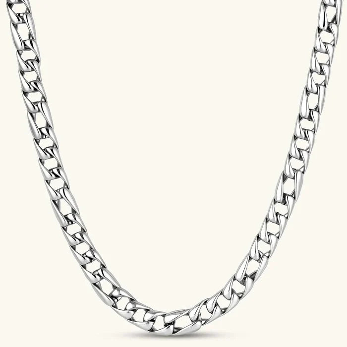 316L Stainless Steel Cuban Link Necklace in polished silver, with bold interlocking links and a reflective finish