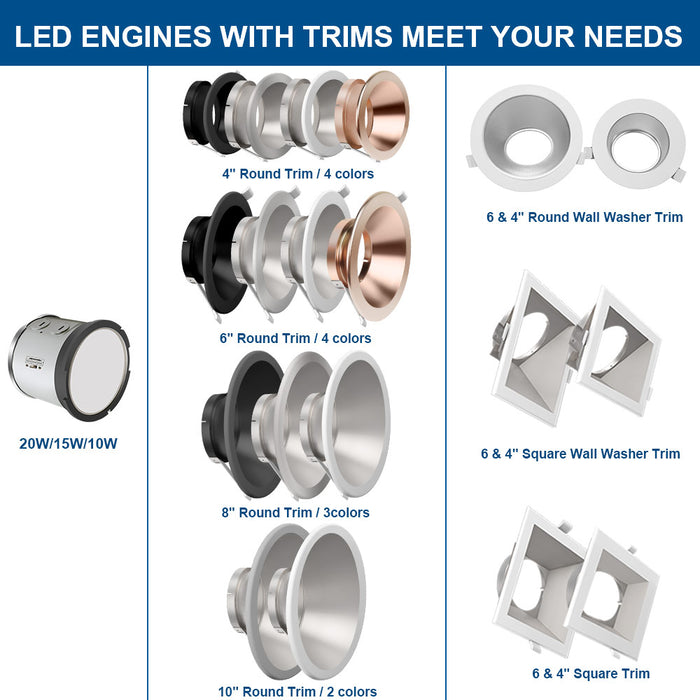 Collection of LED trim components with various sizes and colors for Konlite recessed down lights