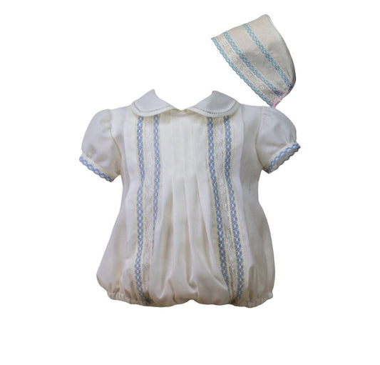 Antonio Luxe Ivory and Blue Romper with Bonnet