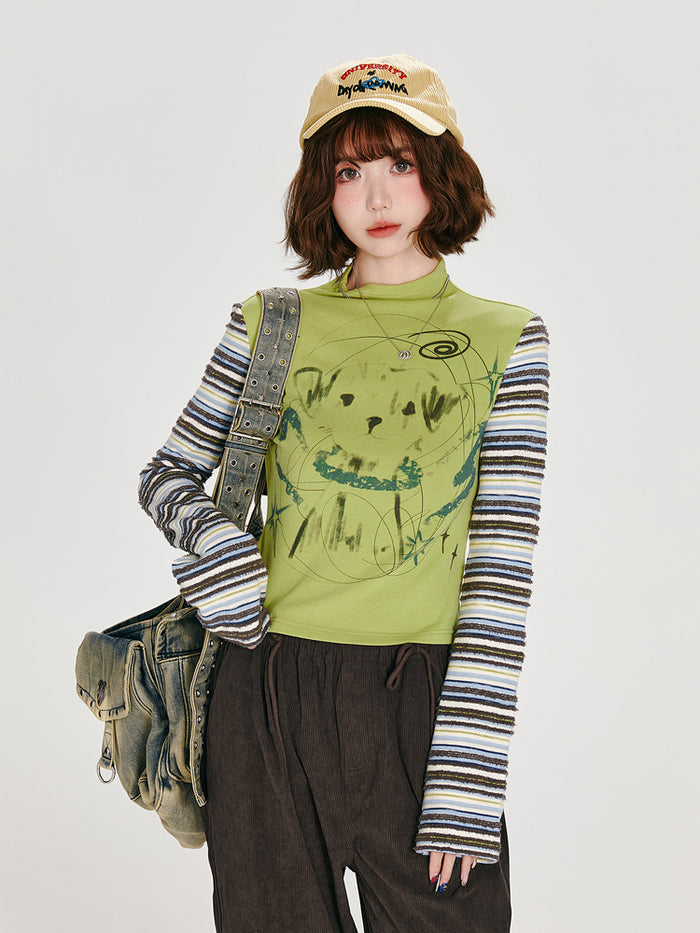 Autumn Color-Block Striped Mock Neck Top