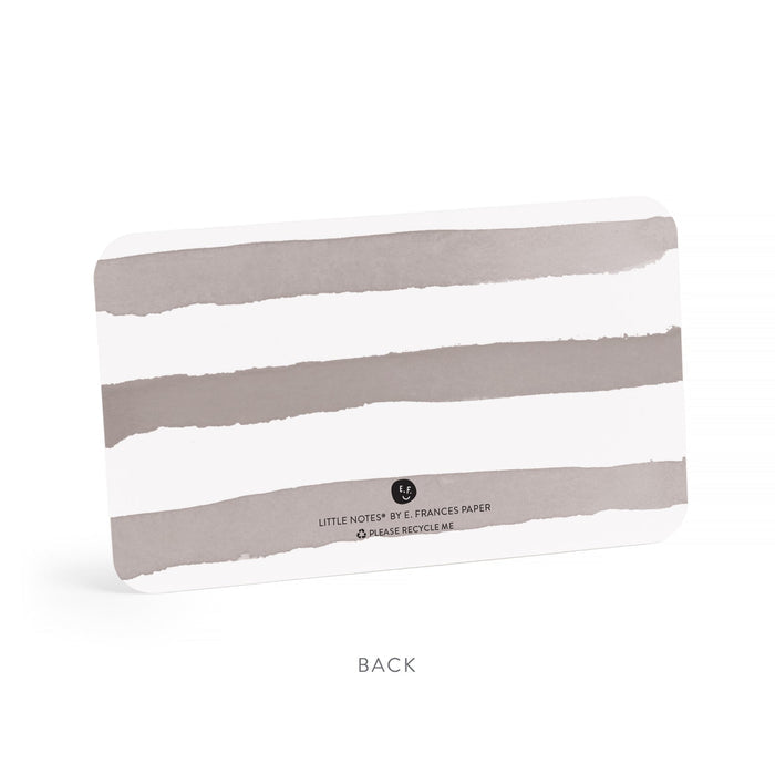 White card with gray stripes and branding on a white background