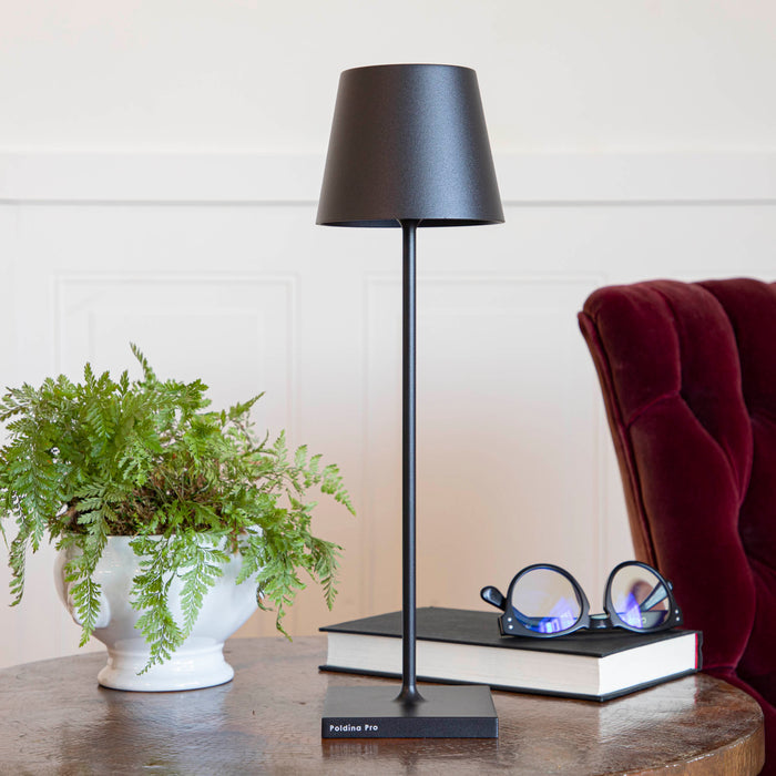 A Black Cordless Lamp by Zafferano on a table next to a book and a plant.