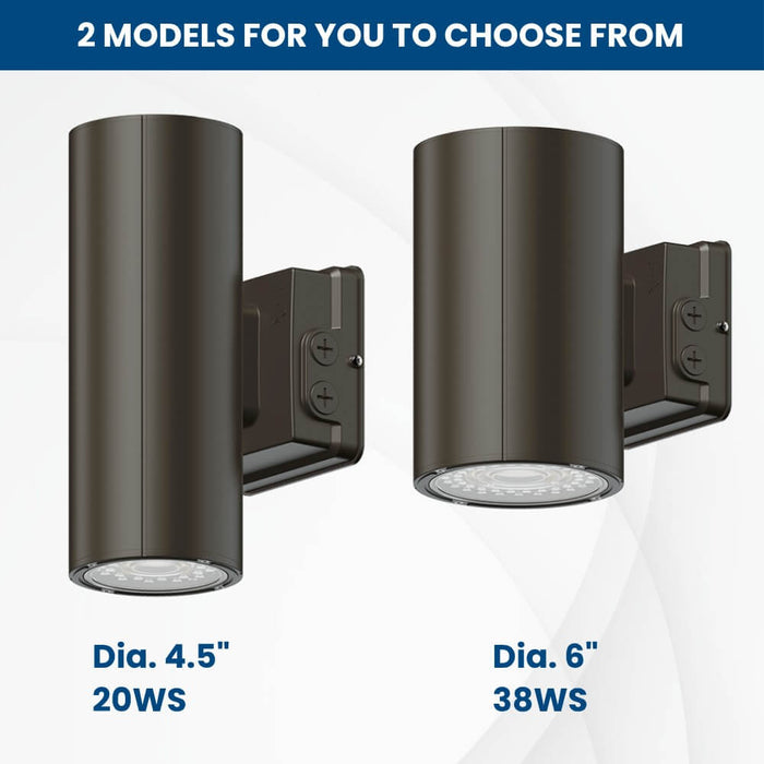 Two models of Konlite LED Cylinder Up and Down Wall Light fixture