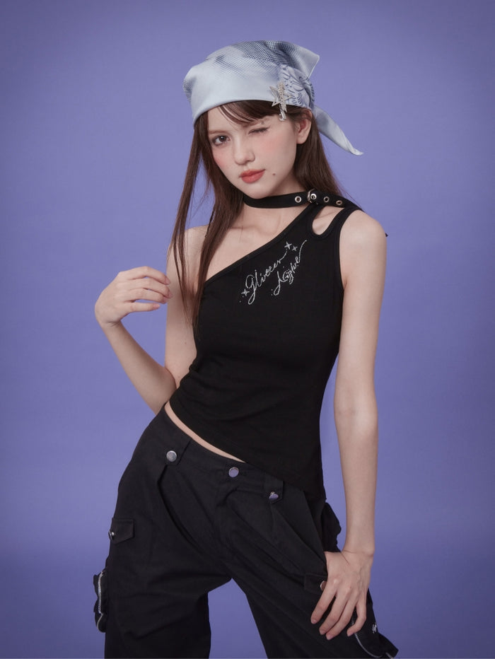 Black off-shoulder spicy girl irregular tank top