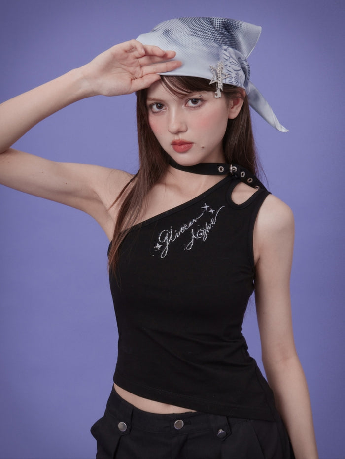 Black off-shoulder spicy girl irregular tank top