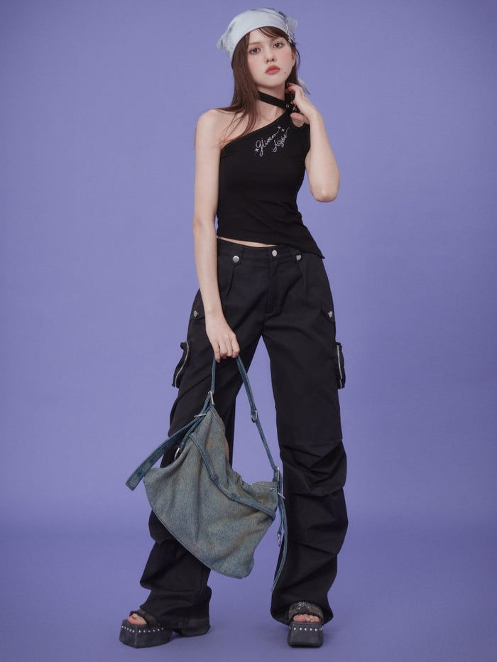 Black off-shoulder spicy girl irregular tank top