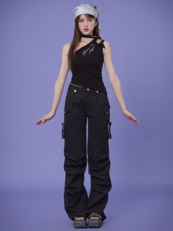 Black off-shoulder spicy girl irregular tank top