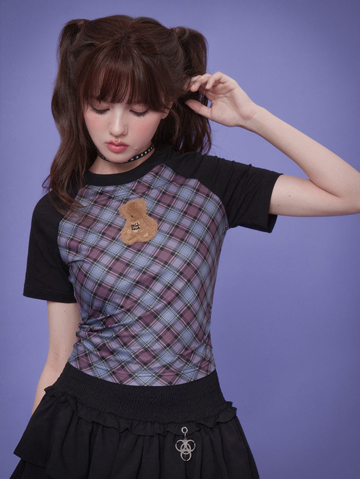 Blue and Purple Plaid Fuzzy Bear Short-Sleeve Summer T-Shirt