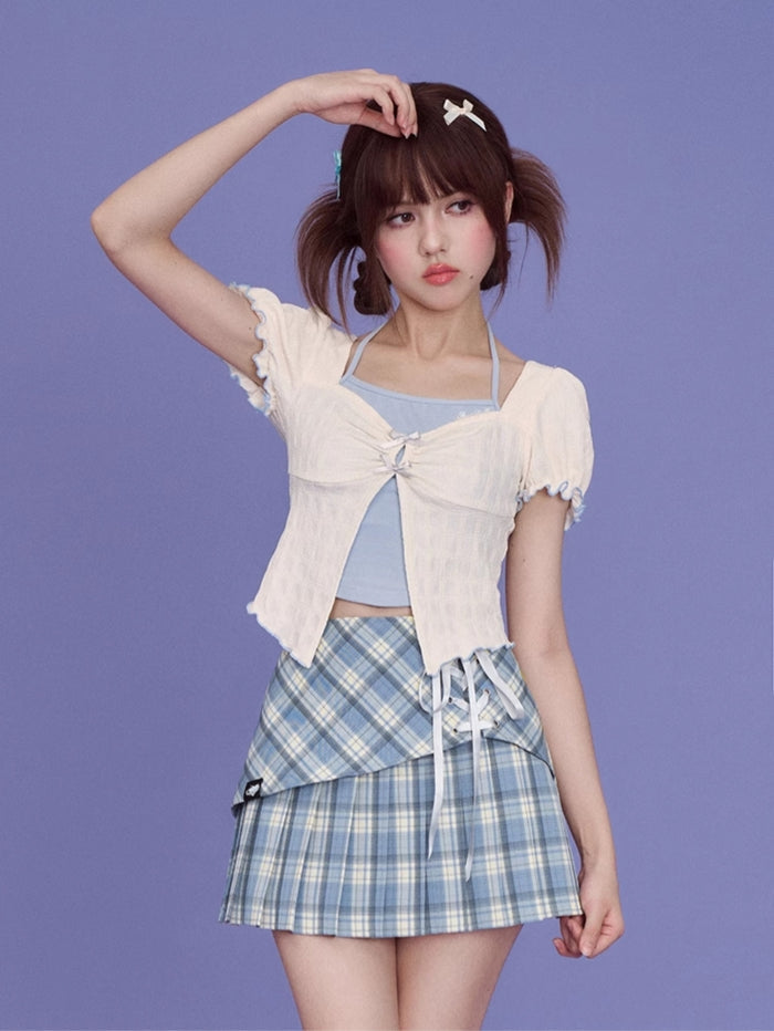 Blue and White Layered-Look Puff Sleeve Top