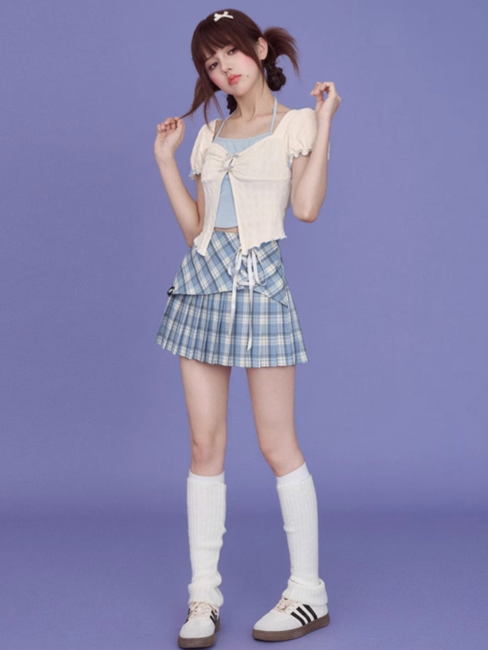 Blue and White Layered-Look Puff Sleeve Top