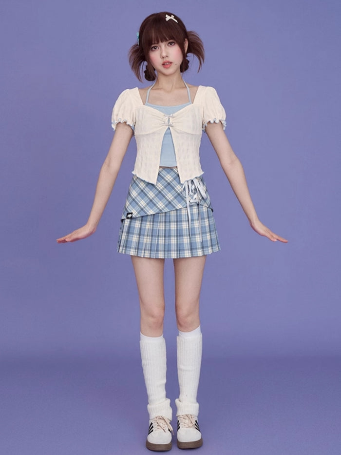 Blue and White Layered-Look Puff Sleeve Top