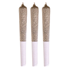 Three upright pre-rolled joints in a row photographed against a white background labeled Blue Dream PR 3 x 0.5 g.