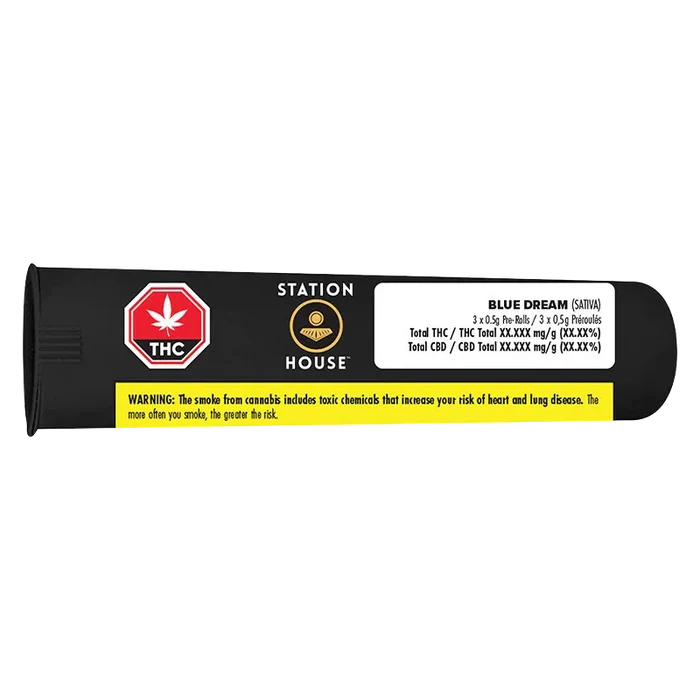 Side-on view of a black tube pack labeled Station House with the Blue Dream PR 3 x 0.5 g label and yellow warning strip.