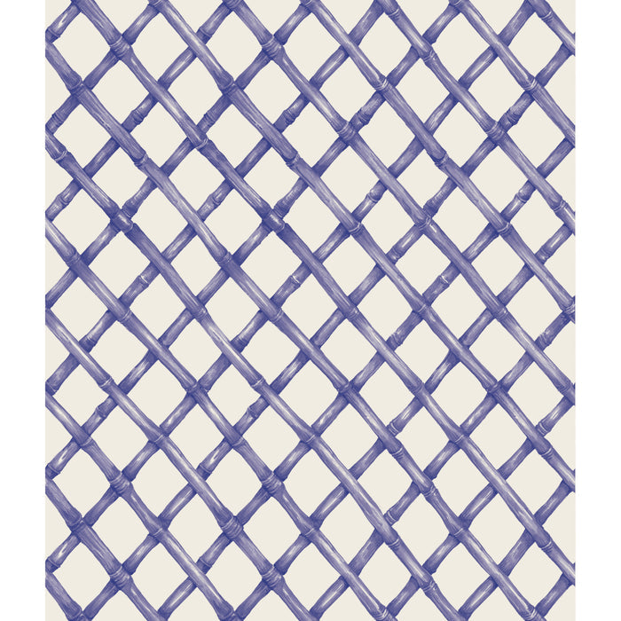 Hester & Cook Blue Lattice Wallpaper featuring a diagonal crisscross pattern with lines on a light background, designed to be mold and mildew resistant.