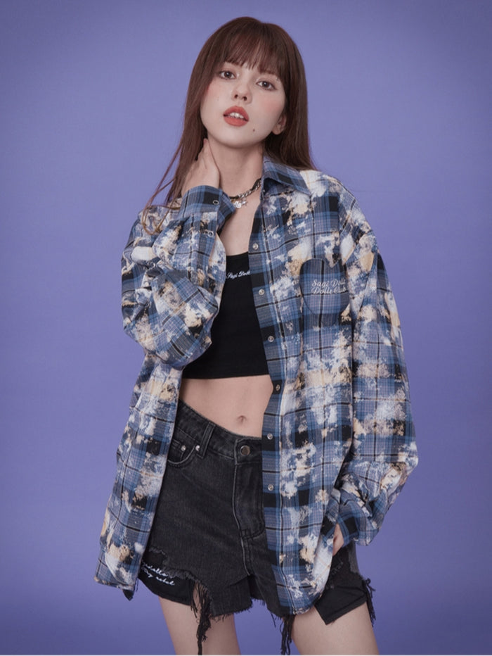 Blue plaid casual loose-fitting shirt