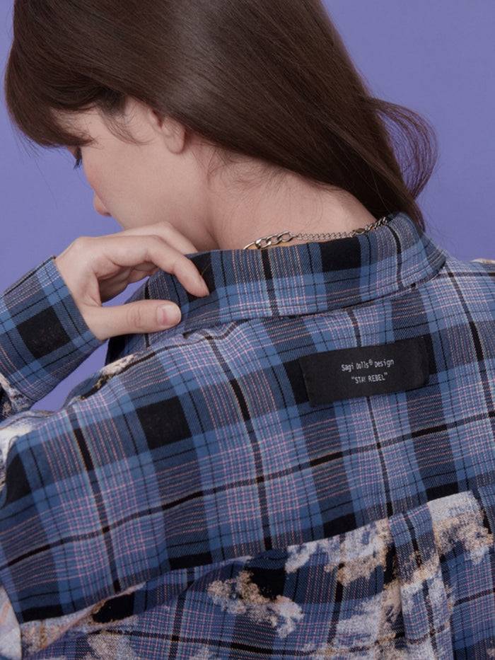 Blue plaid casual loose-fitting shirt