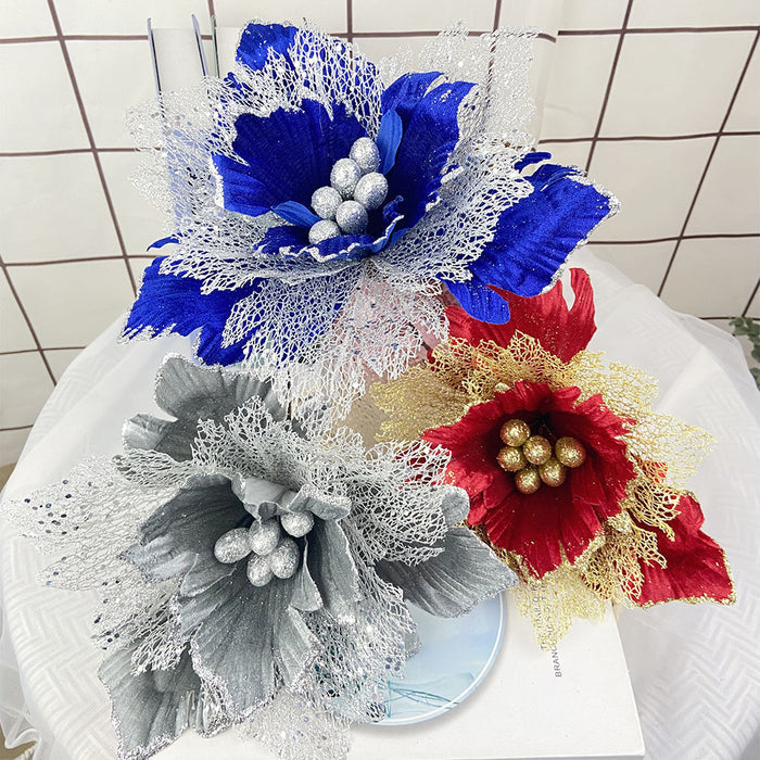 Bulk 11.8" Large Christmas Poinsettias Heads Artificial Christmas Flowers Glitter Flowers Mall Prop Wholesale