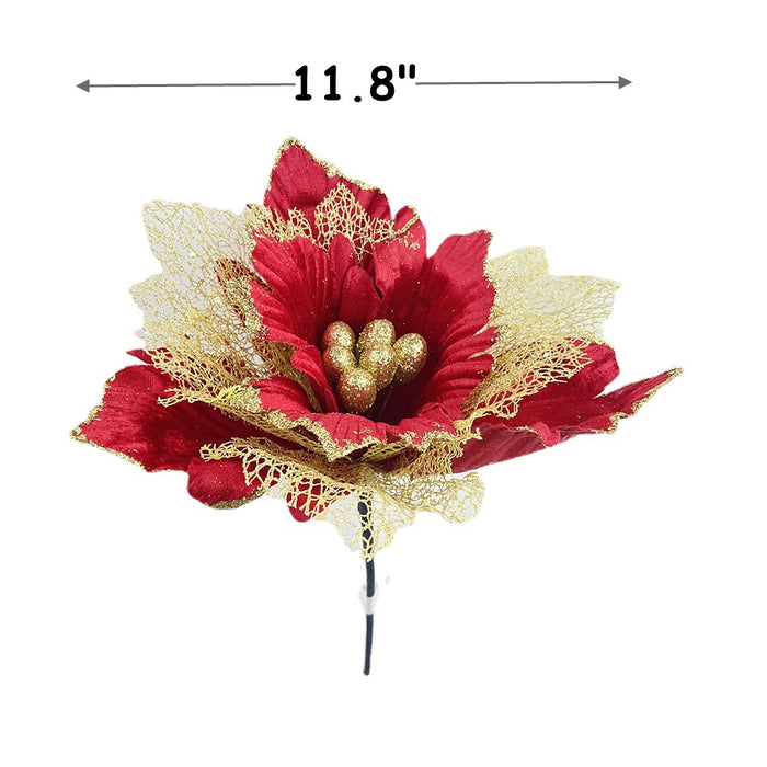 Bulk 11.8" Large Christmas Poinsettias Heads Artificial Christmas Flowers Glitter Flowers Mall Prop Wholesale