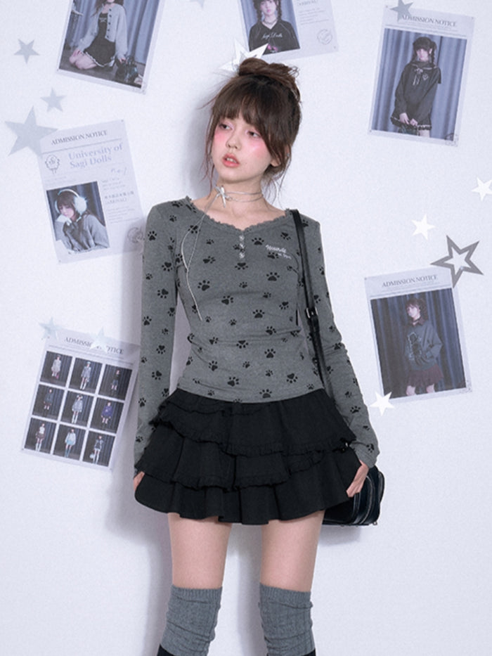 Cute puppy paw print V-neck long-sleeve top