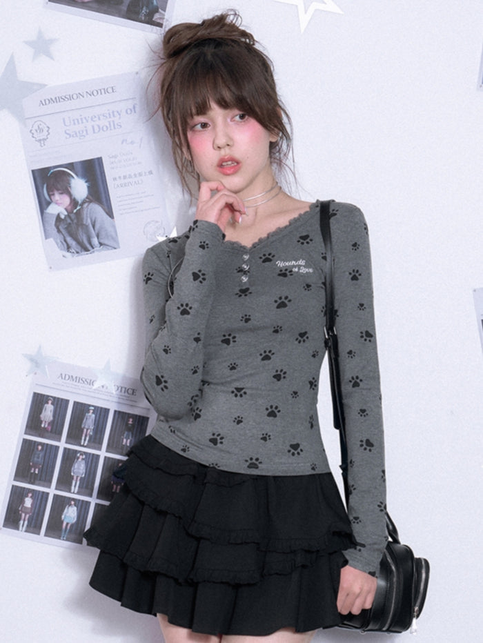 Cute puppy paw print V-neck long-sleeve top