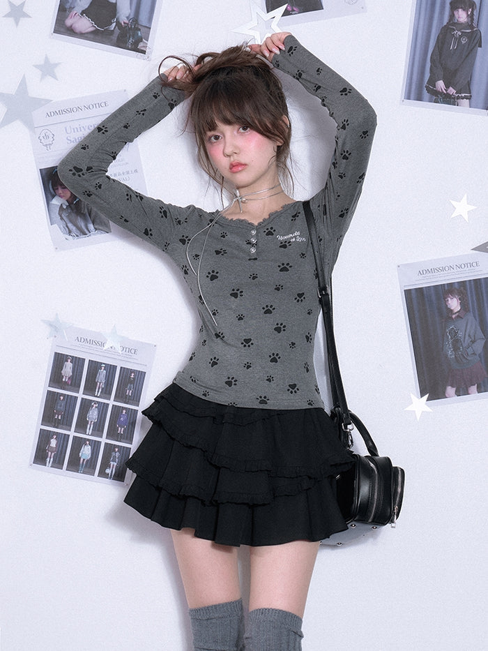 Cute puppy paw print V-neck long-sleeve top