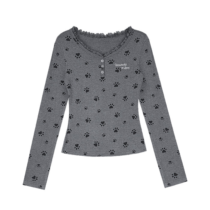 Cute puppy paw print V-neck long-sleeve top