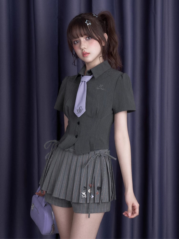 Dark Gray Cinched-Waist Slim-Fit Sweet-Spicy Short-Sleeve Summer Shirt