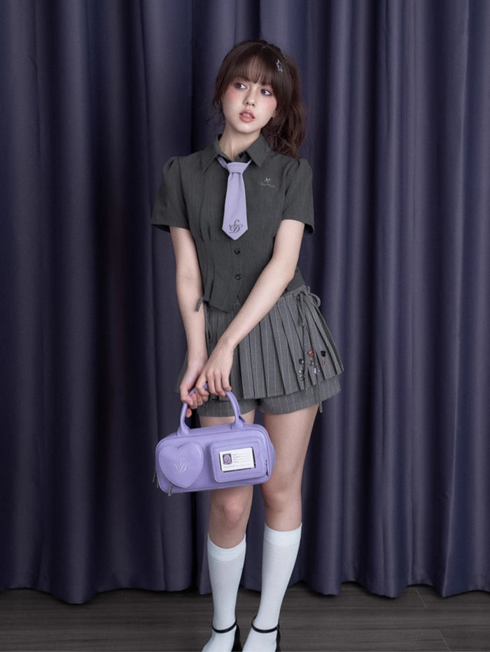 Dark Gray Cinched-Waist Slim-Fit Sweet-Spicy Short-Sleeve Summer Shirt