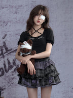 Dark Halter-Neck Puff-Sleeve Summer Top