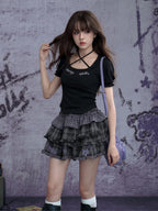 Dark Halter-Neck Puff-Sleeve Summer Top